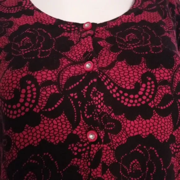 Isaac Mizrahi Pink and Black Lace-Overlay Button Cardigan - Picture 3 of 6